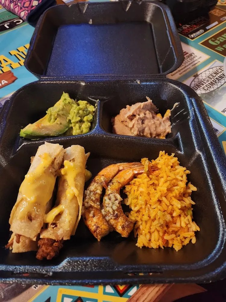 Skewered Shrimp Skewers Meal and Chicken Taquitos